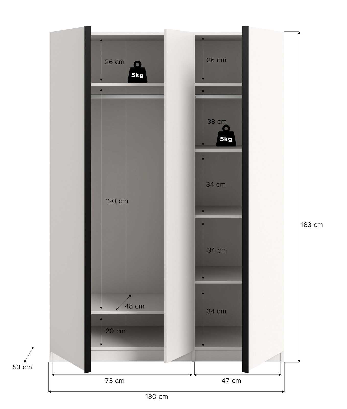 Offener zweitüriger Kleiderschrank in Weiß mit schwarzen Seiten, Innenansicht von vorn mit Maßangaben (H 183 cm, B 130 cm, T 53 cm), links Kleiderstange und Ablage, rechts mehrere Einlegeböden, Tragkraft je Boden 5 kg