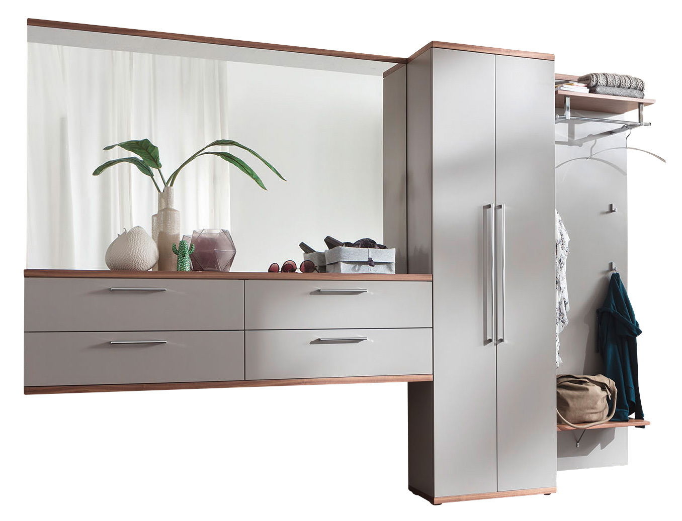 Moderano Vorschlagskombi Garderobe PASSARE Moderne Garderobenkombination mit Spiegel, Schubladen und Kleiderstange, seitliche Perspektive