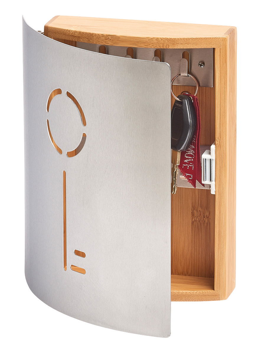 Zeller Present Schlüsselkasten Moderner Schlüsselkasten aus Holz und Metall mit geöffneter Tür, seitliche Perspektive