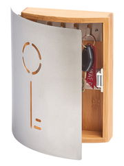 Moderner Schlüsselkasten aus Holz und Metall mit geöffneter Tür, seitliche Perspektive