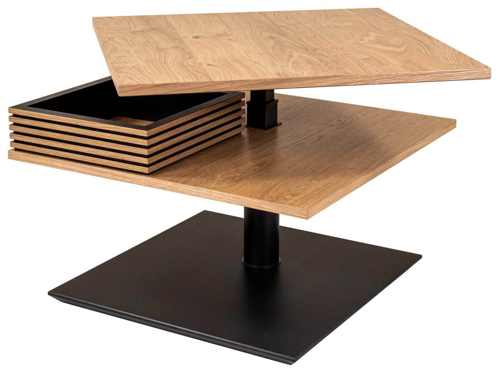 Moderner Couchtisch mit drehbaren Holzplatten und schwarzem Metallfuß, seitliche Perspektive