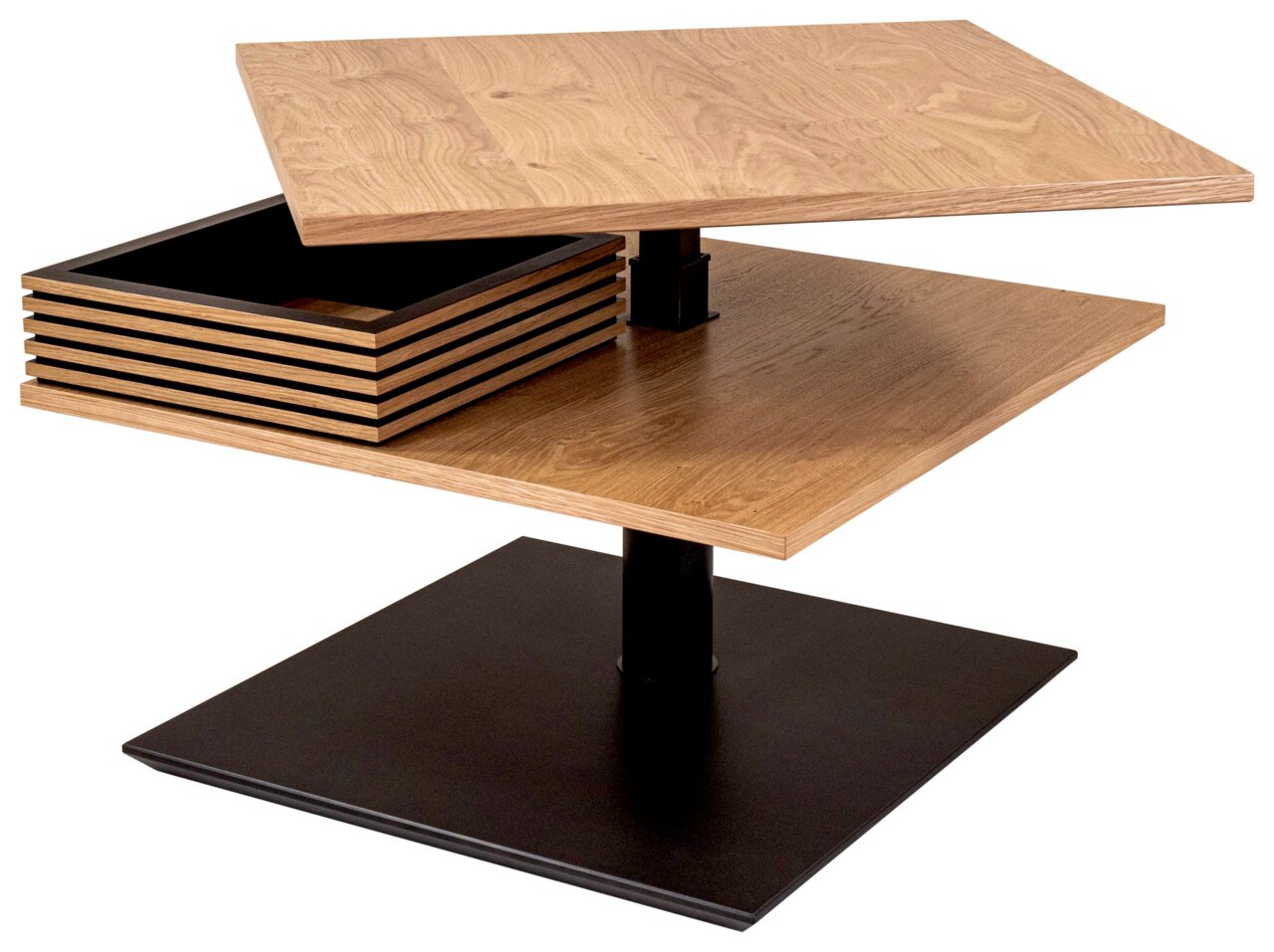 Moderne salontafel met draaibare houten bladen en een zwart metalen onderstel, zijaanzicht