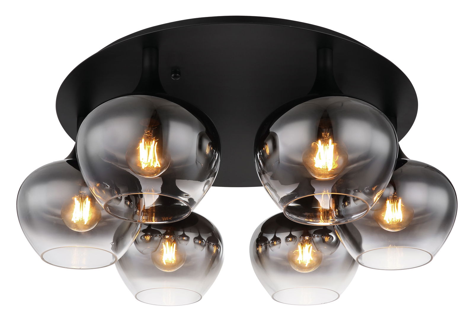 Globo Lighting Deckenleuchte MAXY Moderne Deckenleuchte MAXY mit fünf rauchgrauen Glaskugeln und sichtbaren Glühbirnen, Perspektive von unten.