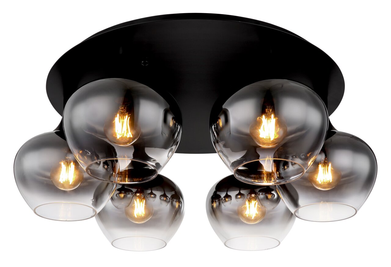 Globo Lighting Deckenleuchte MAXY Moderne Deckenleuchte MAXY mit fünf rauchgrauen Glaskugeln und sichtbaren Glühbirnen, Perspektive von unten.