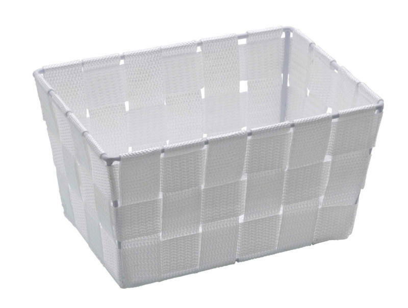 Weißer, rechteckiger Badkorb Adria mini in geflochtener Optik, seitliche Perspektive