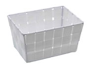 Weißer, rechteckiger Badkorb Adria mini in geflochtener Optik, seitliche Perspektive