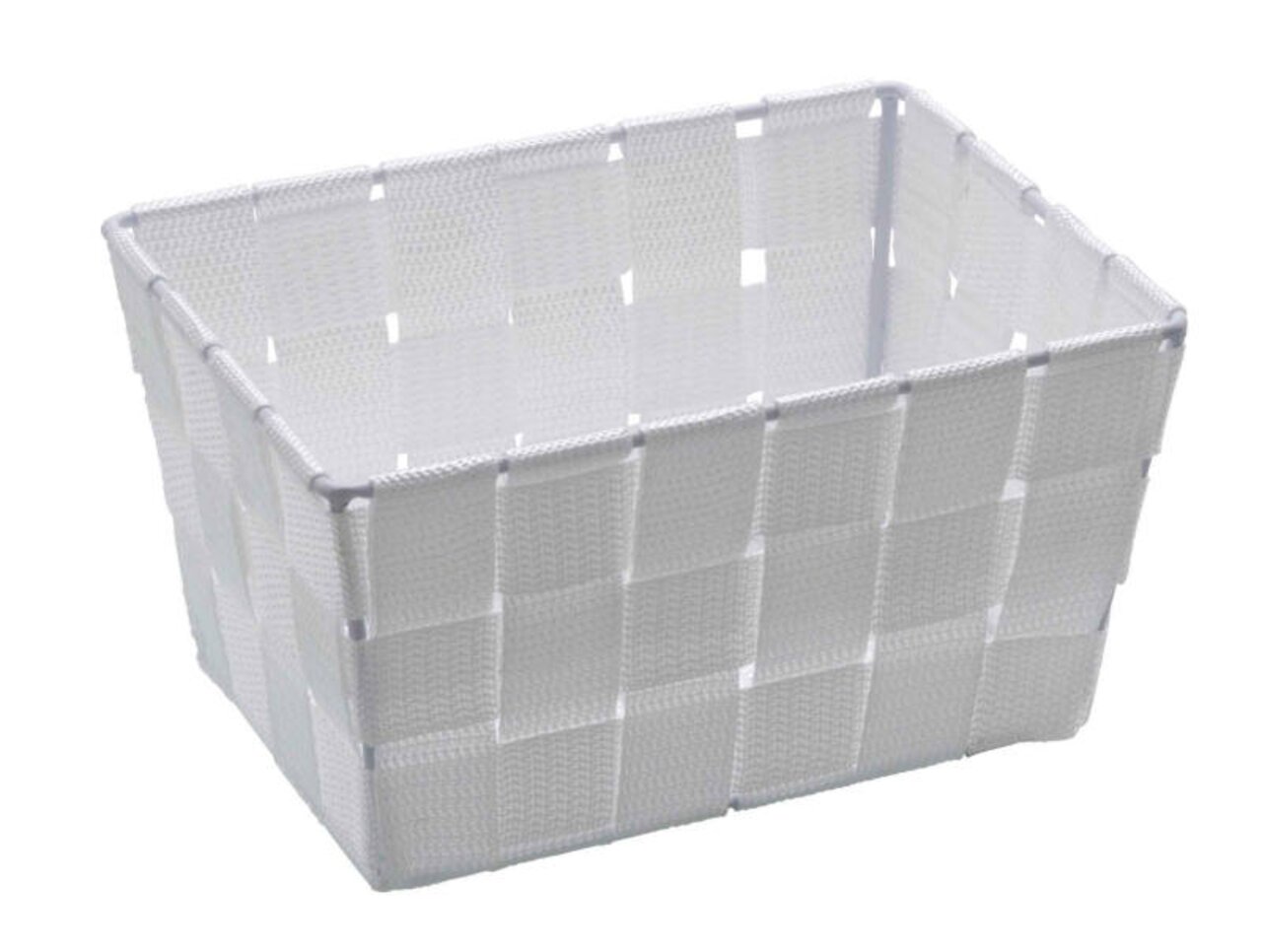 Weißer, rechteckiger Badkorb Adria mini in geflochtener Optik, seitliche Perspektive