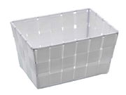 Weißer, rechteckiger Badkorb Adria mini in geflochtener Optik, seitliche Perspektive