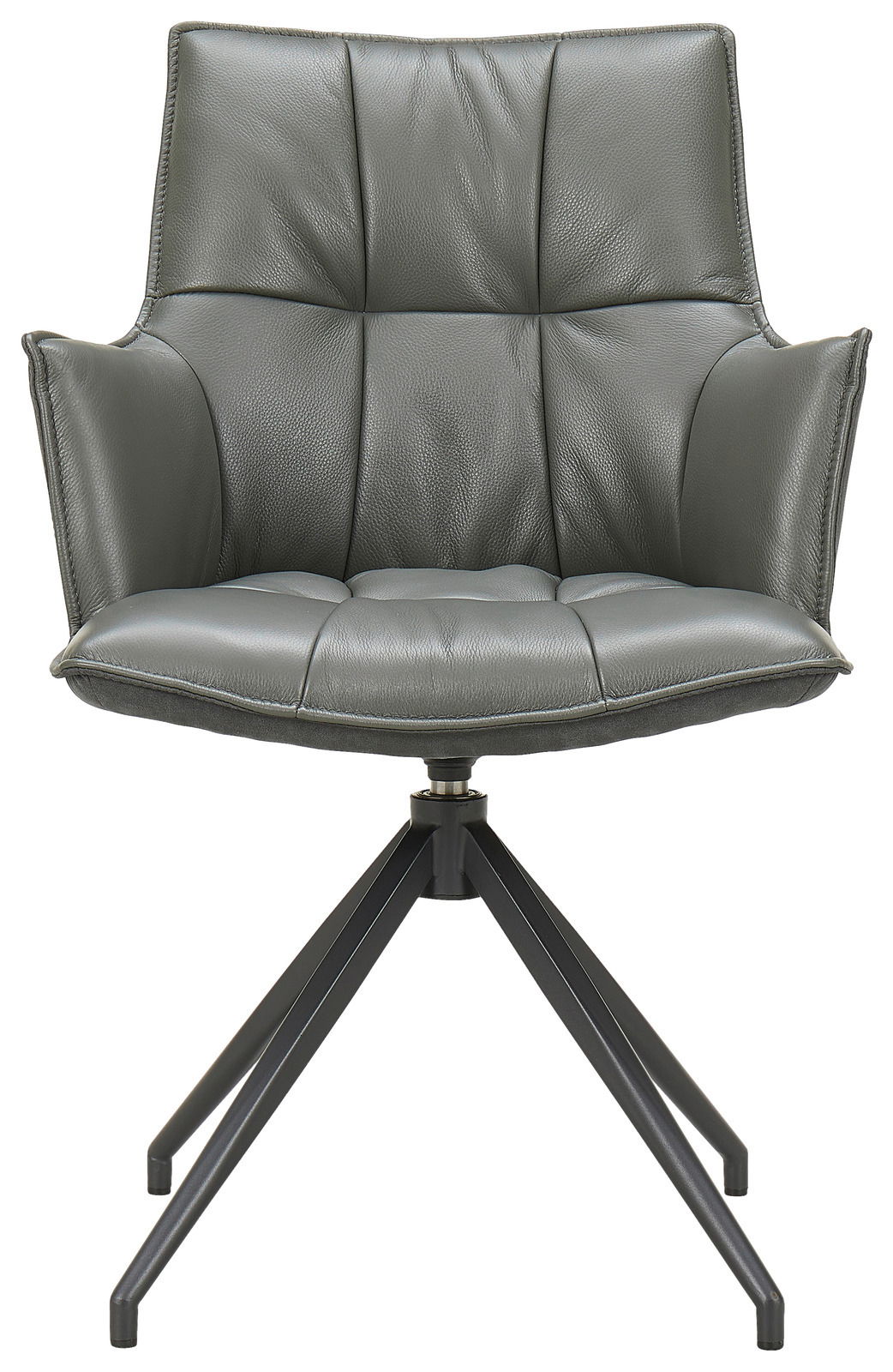 Moderner Sessel aus grauem Leder mit Metallgestell, Frontalansicht