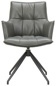 Moderner Sessel aus grauem Leder mit Metallgestell, Frontalansicht