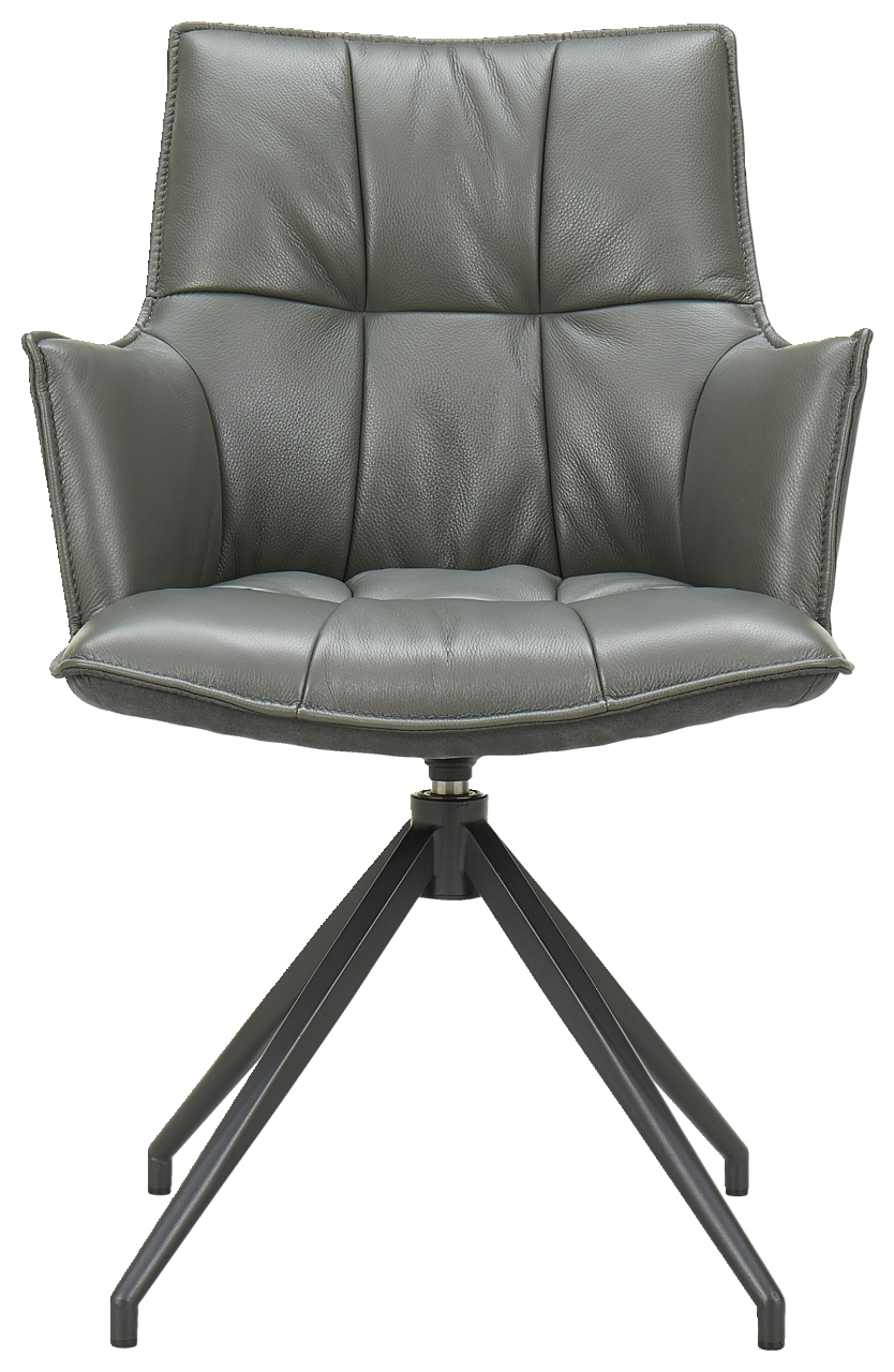 Moderner Sessel aus grauem Leder mit Metallgestell, Frontalansicht