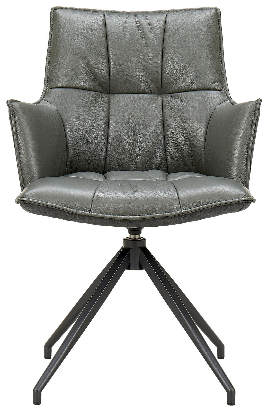 Moderner Sessel aus grauem Leder mit Metallgestell, Frontalansicht