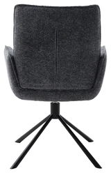 Rückansicht eines grauen Armlehnstuhls mit schwarzem Metallgestell und vier Beinen.