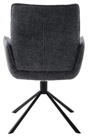 Rückansicht eines grauen Armlehnstuhls mit schwarzem Metallgestell und vier Beinen.