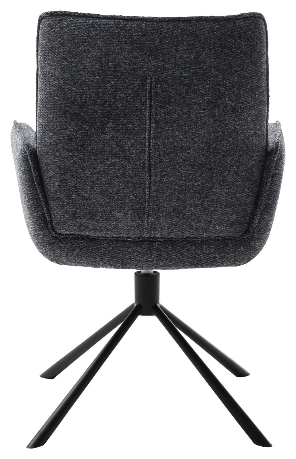 Rückansicht eines grauen Armlehnstuhls mit schwarzem Metallgestell und vier Beinen.