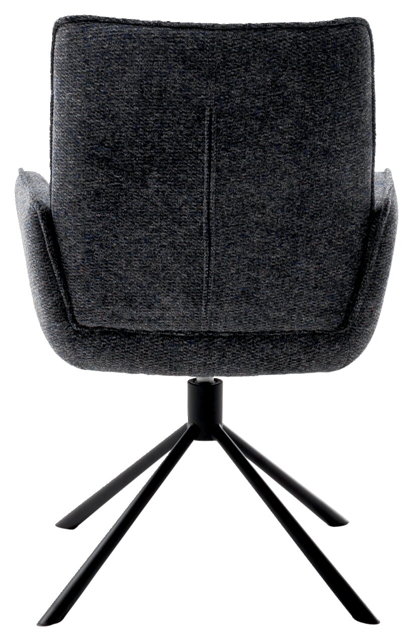 Rückansicht eines grauen Armlehnstuhls mit schwarzem Metallgestell und vier Beinen.