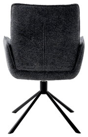 Rückansicht eines grauen Armlehnstuhls mit schwarzem Metallgestell und vier Beinen.