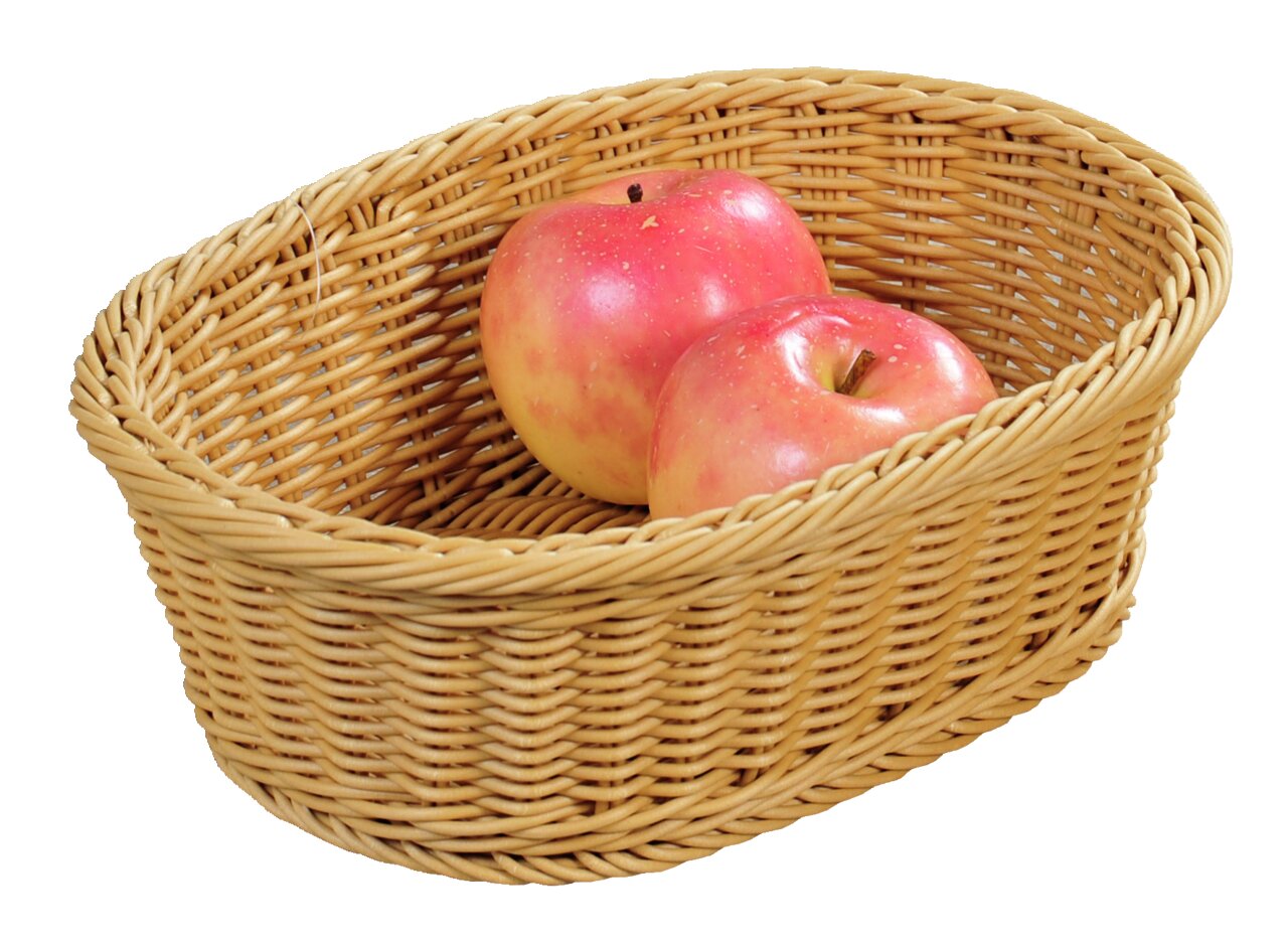 Geflochtener Brot- und Obstkorb aus Vollkunststoff mit zwei roten Äpfeln, seitliche Perspektive