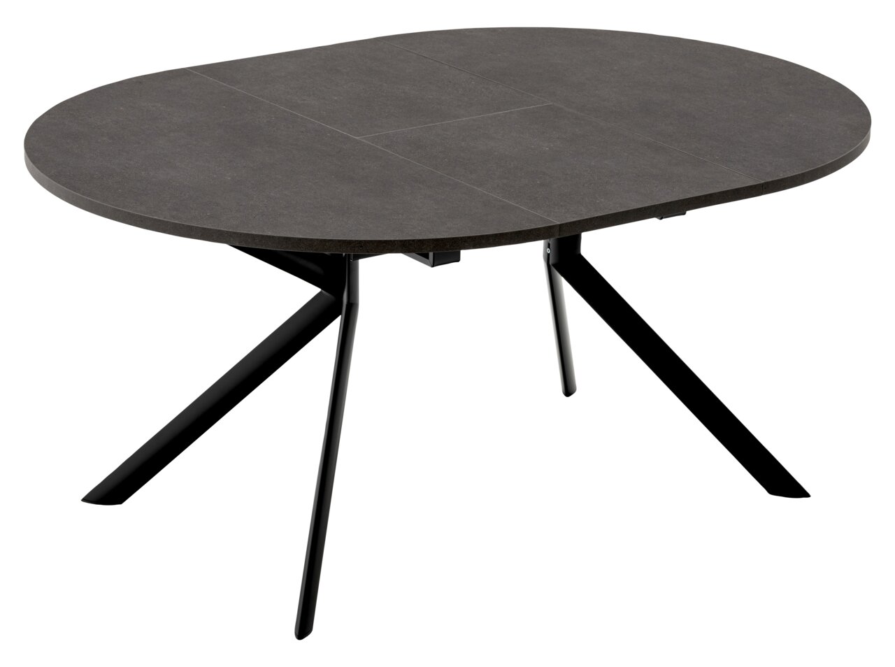 Moderne ovale eettafel met een donker tafelblad en zwarte metalen poten, zijaanzicht
