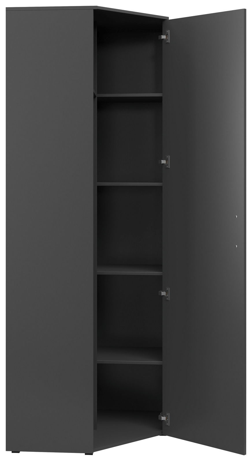 Eckschrank in dunklem Design mit geöffneter Tür, zeigt mehrere Regalböden, Perspektive von vorne.