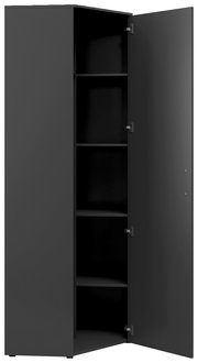 Eckschrank in dunklem Design mit geöffneter Tür, zeigt mehrere Regalböden, Perspektive von vorne.