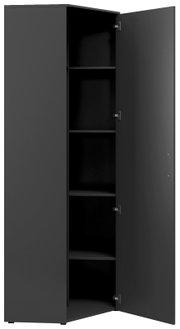 Eckschrank in dunklem Design mit geöffneter Tür, zeigt mehrere Regalböden, Perspektive von vorne.