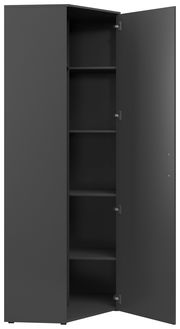 Eckschrank in dunklem Design mit geöffneter Tür, zeigt mehrere Regalböden, Perspektive von vorne.