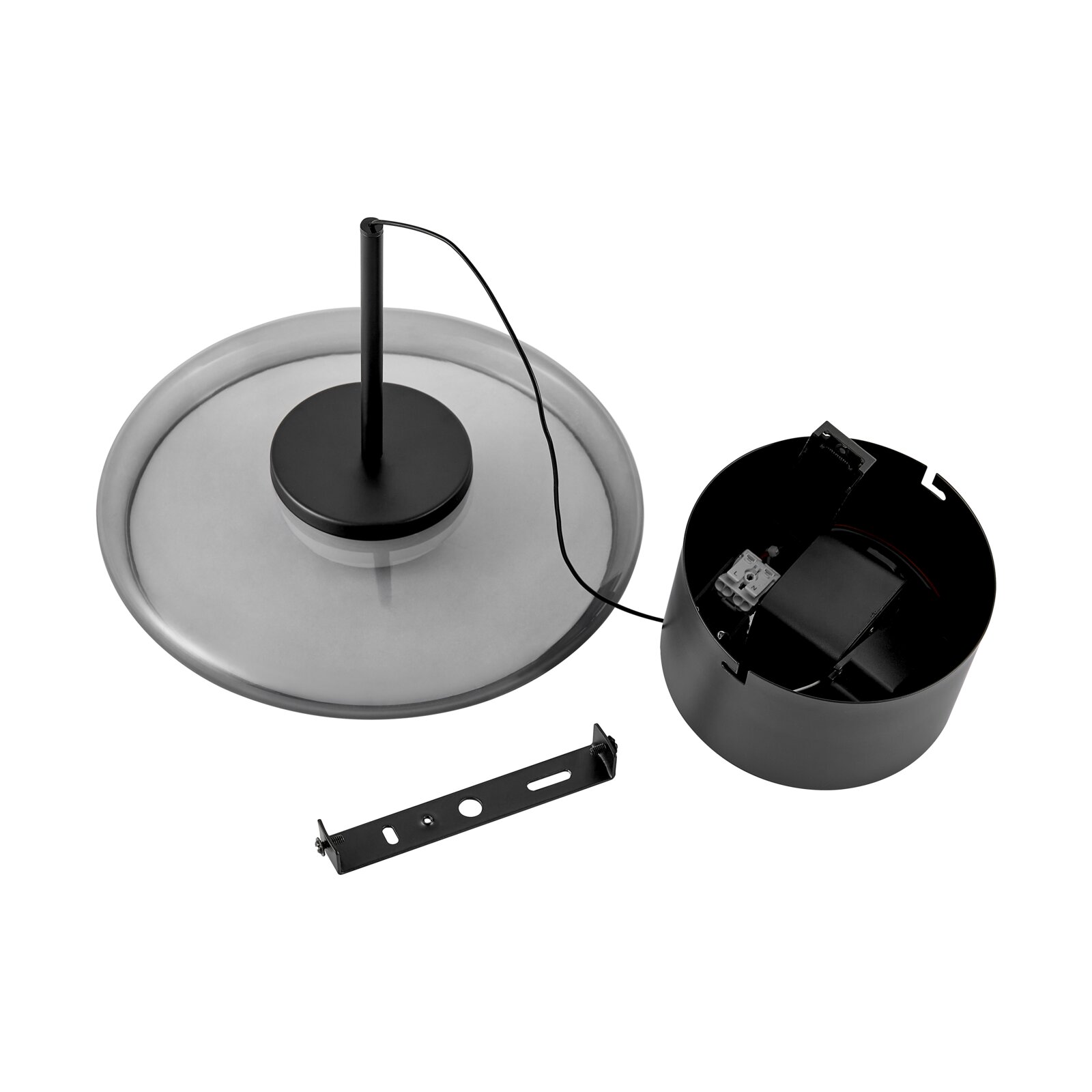 Schwarzer Lampenbaldachin/Deckenanschluss-Set mit Kabel, runder Abdeckung, Montagebügel und Anschlussklemme, Ansicht schräg von oben auf weißem Hintergrund