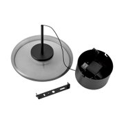 Schwarzer Lampenbaldachin/Deckenanschluss-Set mit Kabel, runder Abdeckung, Montagebügel und Anschlussklemme, Ansicht schräg von oben auf weißem Hintergrund