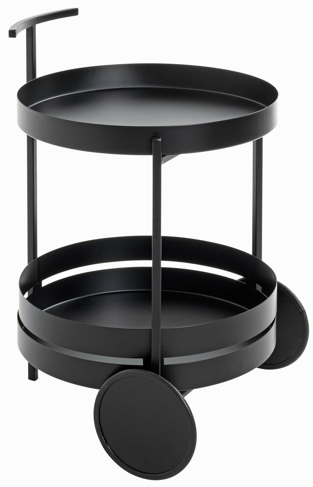 Moderner schwarzer Servierwagen mit zwei runden Ablagen und großen Rädern, seitliche Perspektive