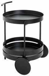 Moderner schwarzer Servierwagen mit zwei runden Ablagen und großen Rädern, seitliche Perspektive