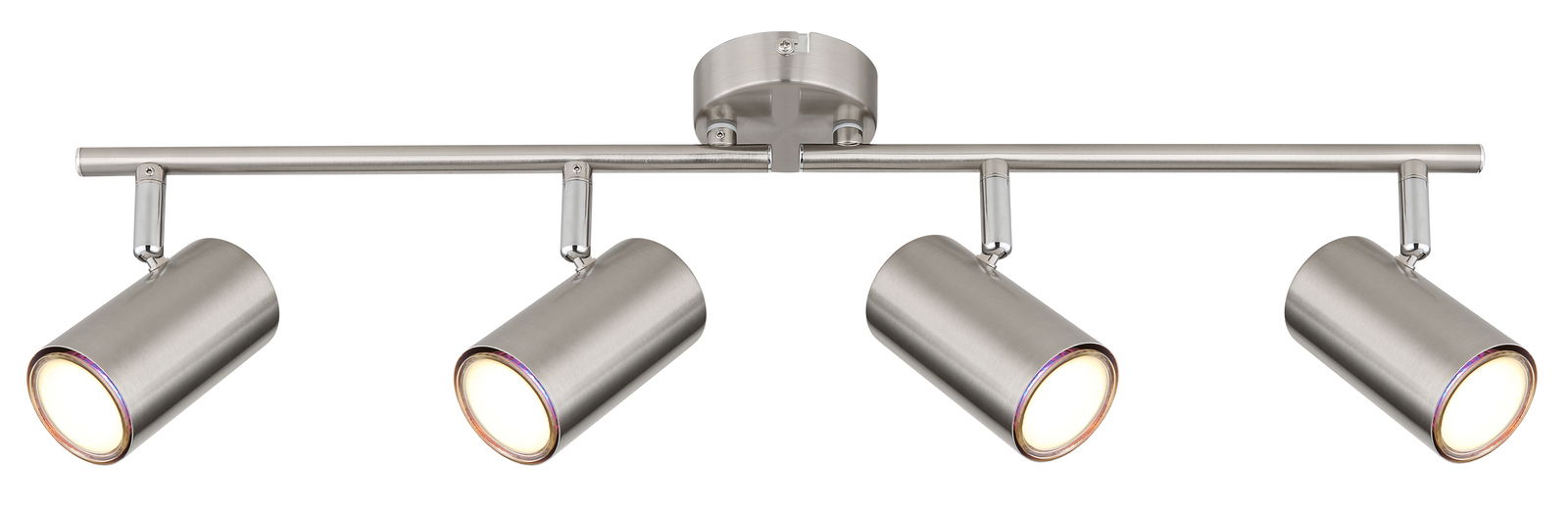 Moderner Strahler mit vier verstellbaren Leuchten in Edelstahloptik, Ansicht von vorne.