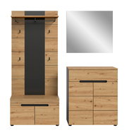 Moderner Flur-Garderobenschrank aus Holzoptik mit schwarzer Mittelblende und schwarzer Kleiderstange sowie passender Kommode mit Schubladen und schwarzen Griffleisten; Ansicht frontal (Schrank und Kommode)