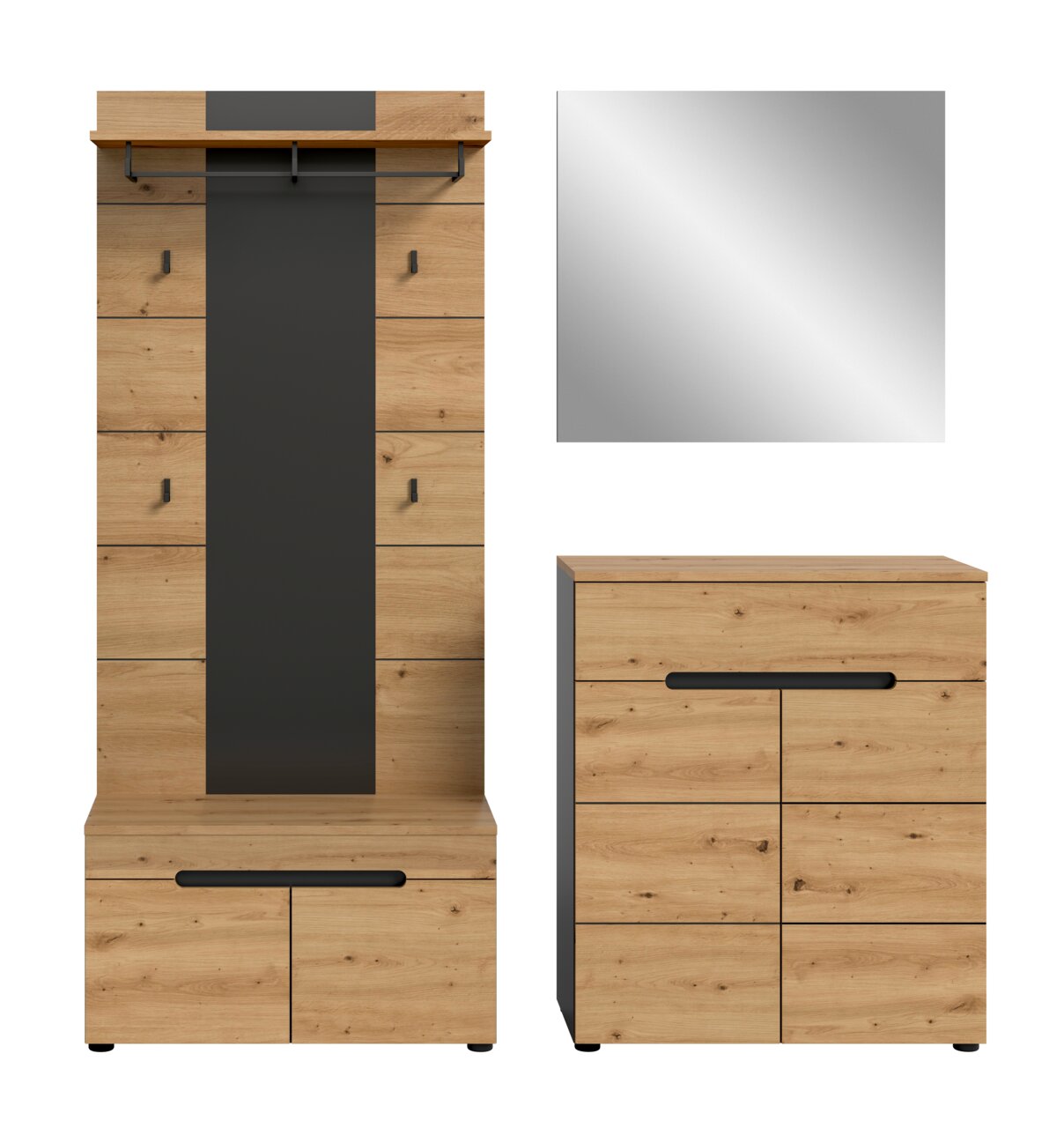 Moderner Flur-Garderobenschrank aus Holzoptik mit schwarzer Mittelblende und schwarzer Kleiderstange sowie passender Kommode mit Schubladen und schwarzen Griffleisten; Ansicht frontal (Schrank und Kommode)