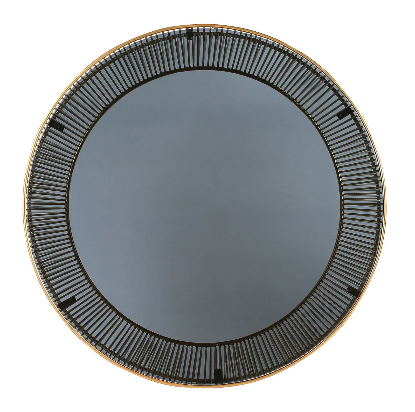 Runder Couchtisch mit schwarzer Glasplatte und dekorativem Metallrahmen, Ansicht von oben