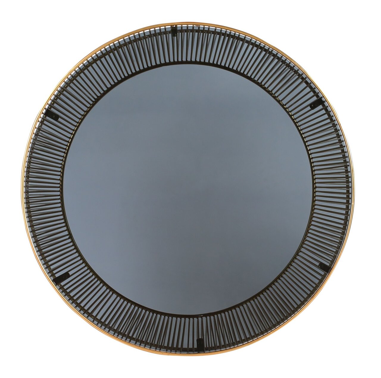 Ronde salontafel met zwart glazen blad en decoratief metalen frame, gezien van bovenaf