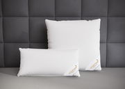 Zwei weiße Spessarttraum 3-Kammerkissen auf einem grauen Bett, frontal fotografiert vor einer gepolsterten Wand.