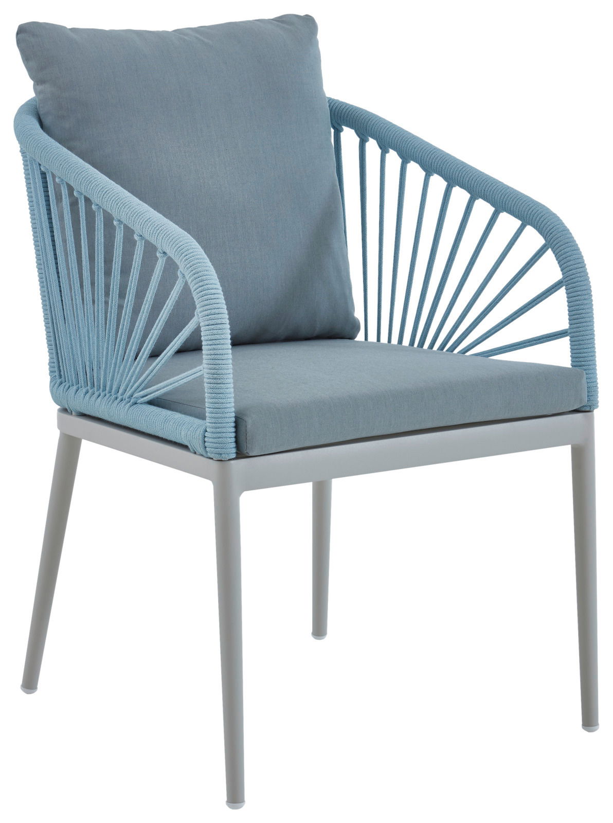 Moderner blauer Sessel mit Kissen, seitliche Perspektive