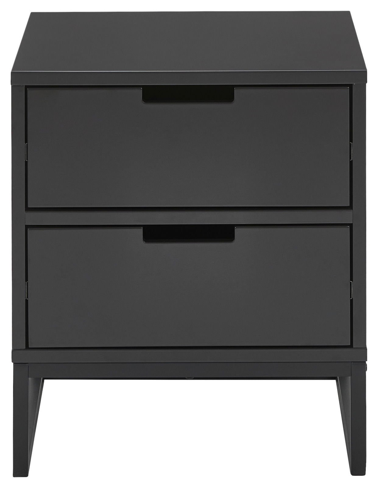 Schwarze Nachtkonsole mit zwei Schubladen, frontale Ansicht
