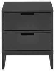 Schwarze Nachtkonsole mit zwei Schubladen, frontale Ansicht