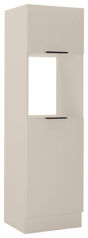 Hochschrank für Backofen und Kühlschrank in cremefarbener Ausführung, seitliche Perspektive