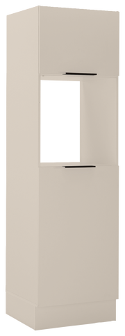Hochschrank für Backofen und Kühlschrank in cremefarbener Ausführung, seitliche Perspektive
