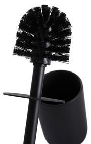Nahaufnahme einer schwarzen Toilettenbürste mit Halter, seitliche Perspektive