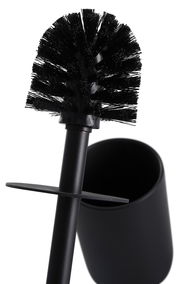 Nahaufnahme einer schwarzen Toilettenbürste mit Halter, seitliche Perspektive