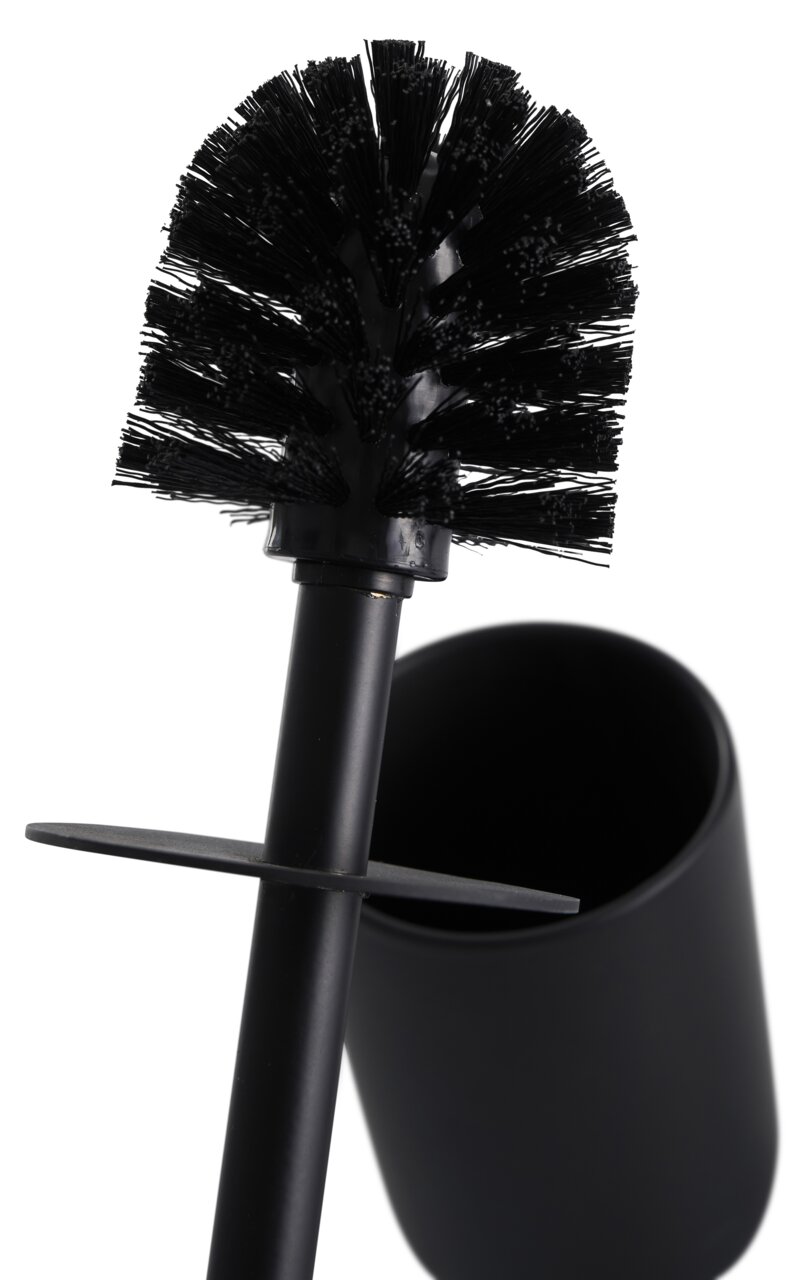 Nahaufnahme einer schwarzen Toilettenbürste mit Halter, seitliche Perspektive