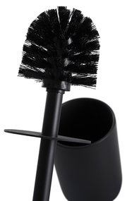 Nahaufnahme einer schwarzen Toilettenbürste mit Halter, seitliche Perspektive