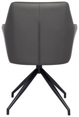 Rückansicht eines modernen Armlehnstuhls mit schwarzem Metallgestell und grauer Polsterung