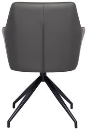 Rückansicht eines modernen Armlehnstuhls mit schwarzem Metallgestell und grauer Polsterung