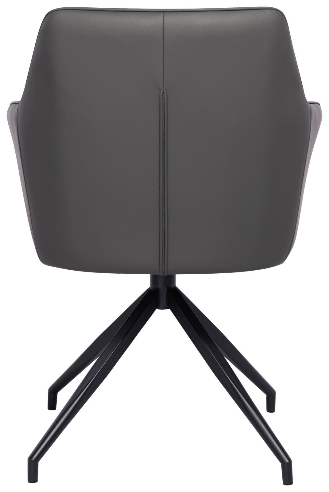 Rückansicht eines modernen Armlehnstuhls mit schwarzem Metallgestell und grauer Polsterung