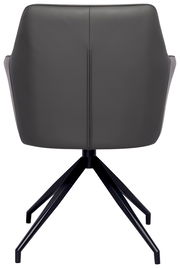 Rückansicht eines modernen Armlehnstuhls mit schwarzem Metallgestell und grauer Polsterung